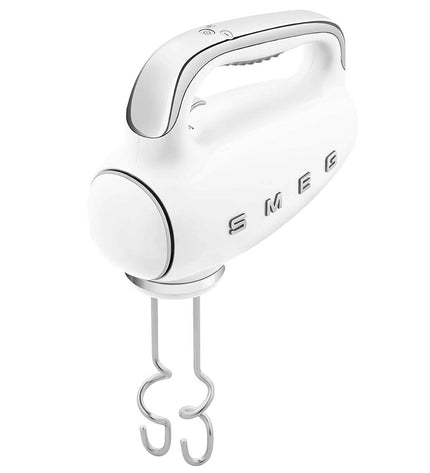 Smeg HMF01WHEU blender and dough mixer with 250W, compact kitchen appliance in white with control dial and blending jar.