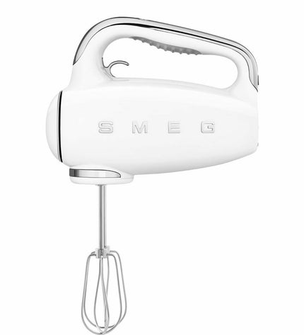 Smeg HMF01WHEU 250W blender and dough mixer in white, compact kitchen appliance with stainless steel blending jar and control buttons