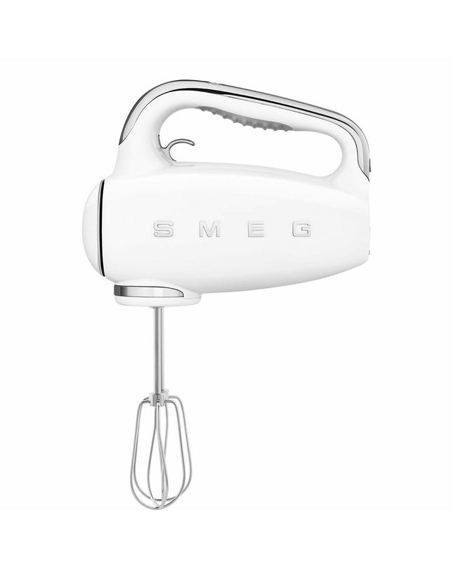 Smeg HMF01WHEU 250W blender and dough mixer in white, compact kitchen appliance with stainless steel blending jar and control buttons