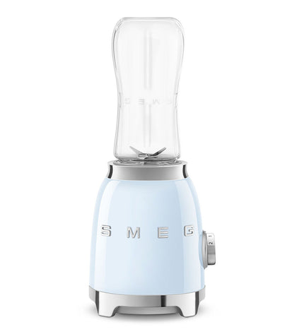 Smeg PBF01PBEU blue 300W handheld mixer for home cooking, featuring a compact design with beaters and control buttons.