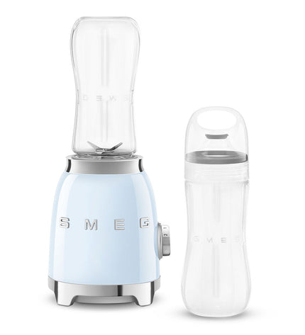Smeg PBF01PBEU blue 300W hand mixer with beaters, compact kitchen appliance for baking and cooking tasks.