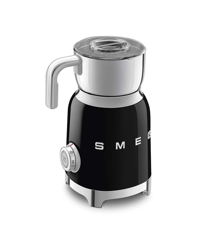 Smeg MFF11BLEU milk frother in black, compact electric kitchen appliance with 500W power for making creamy frothed milk.