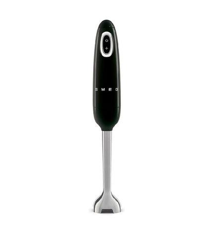 Smeg Handblender HBF11BLEU in black with 700W power, compact kitchen appliance for blending and mixing.