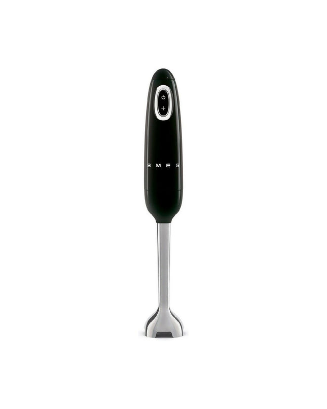 Smeg Handblender HBF11BLEU in black with 700W power, compact kitchen appliance for blending and mixing.