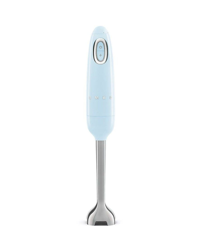 Smeg Handblender HBF11PBEU in blue and gray, compact electric kitchen appliance for blending and mixing.