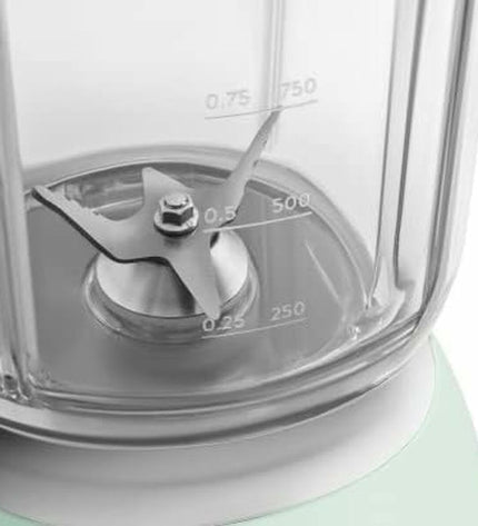 Smeg BLF03PGEU 800W small electric mixer with 1.5L capacity, in pastel green, featuring a sleek design and stainless steel blending attachment.