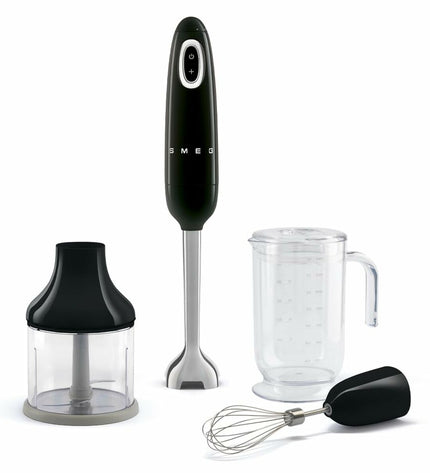 Smeg HBF03BLEU hand blender in black with 700W power, designed for kitchen use and small electric appliances.