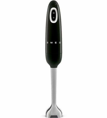 Smeg HBF03BLEU black hand blender with 700W motor, designed for kitchen and cooking tasks, close-up of the appliance.