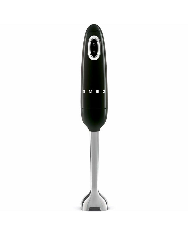 Smeg HBF03BLEU black hand blender with 700W motor, designed for kitchen and cooking tasks, close-up of the appliance.