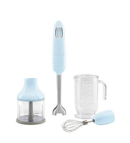Smeg HBF03PBEU blue multifunction handheld blender with accessories, 700W, for home cooking and food preparation.