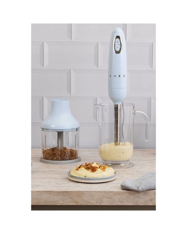 Blue Smeg HBF03PBEU multifunction handheld blender with accessories, 700W, ideal for home cooking and small electric appliances.