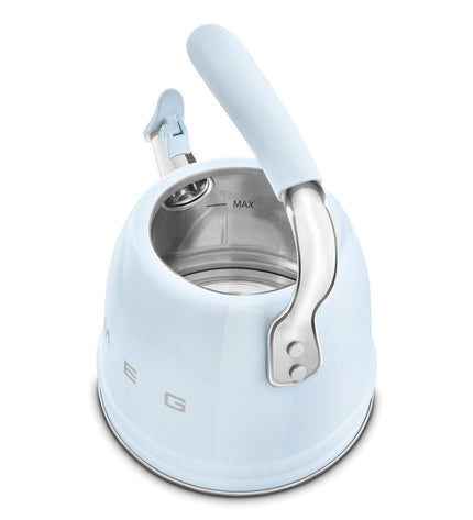 Smeg 50's Style teakettle in pastel blue with a 2.3-liter capacity, retro design, and stainless steel accents.