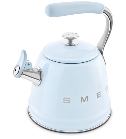 Smeg 50's STYLE WKF01PB tea kettle in pastel blue, 2.3-liter capacity, with retro design and stainless steel finish.