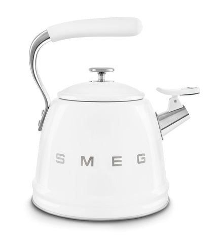Smeg 50's STYLE WKF01WH tea kettle in white with 2.3L capacity, sleek retro design on a kitchen countertop.