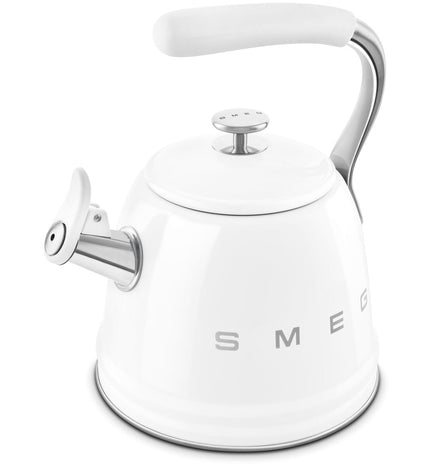 Smeg 50's STYLE WKF01WH tea kettle in white with a 2.3L capacity, stylish kitchen appliance for brewing tea or boiling water.