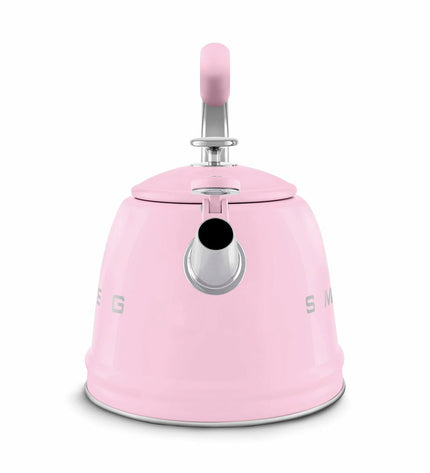 Pink Smeg WKF01PK 2.3L teapot with a sleek design, suitable for home and kitchen use, perfect for making tea.
