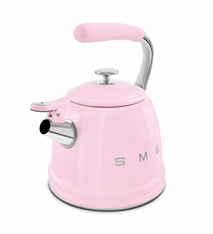 Pink Smeg WKF01PK 2.3L teapot for home and kitchen, featuring a sleek design and ergonomic handle.