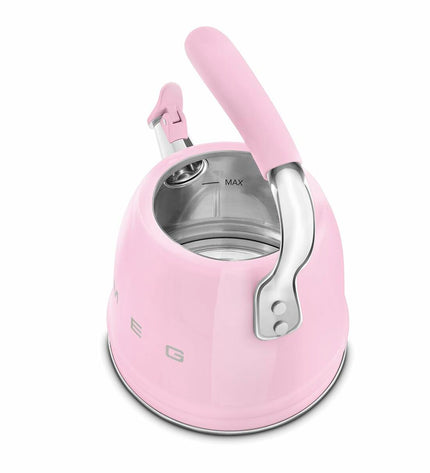 Pink Smeg WKF01PK 2.3L teapot for home and kitchen, featuring a sleek design and a matching pink finish.