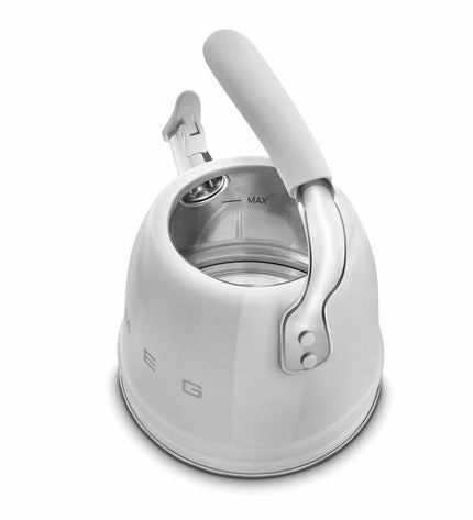 Smeg WKF01SS 2.3L grey teapot for home and cooking, with a sleek stainless steel design and ergonomic handle.