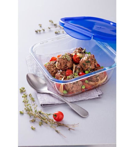 PYREX COOK & GO square storage container 0.8 L 16 cm + blue lid