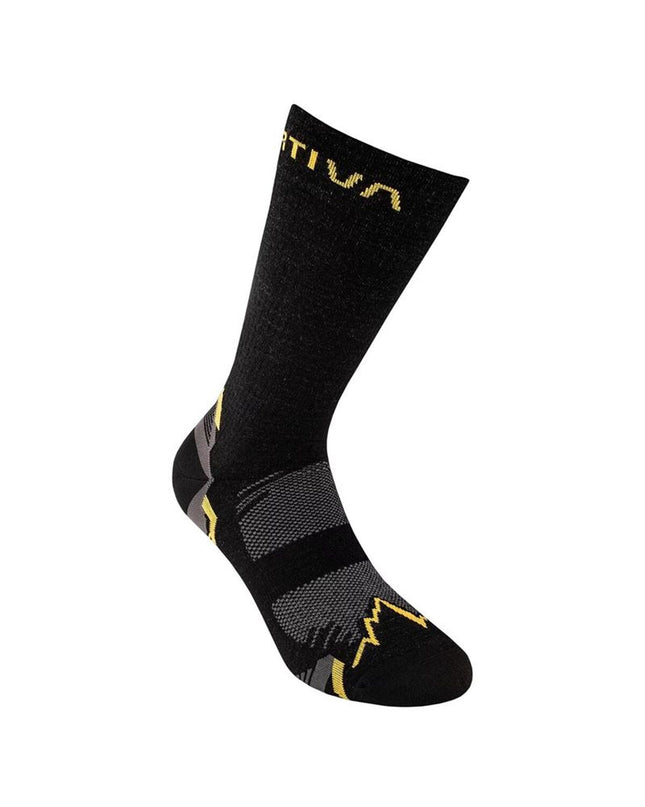 Black La Sportiva hiking sports socks with reinforced heel and toe, designed for outdoor trekking and camping activities.