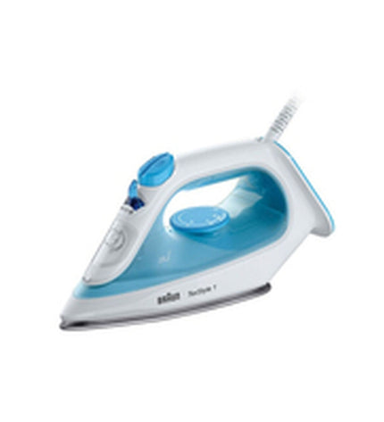 Braun TexStyle 1 steam iron in blue and white with 2000W power, featuring a sleek design for home ironing tasks.