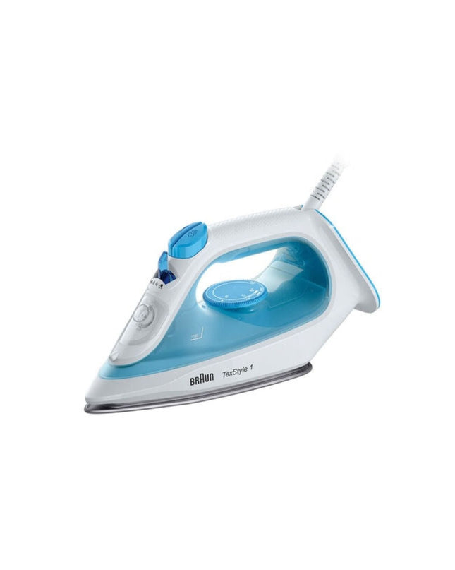 Braun TexStyle 1 steam iron in blue and white with 2000W power, shown on a white surface for home ironing use.