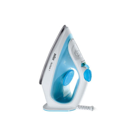 Braun TexStyle 1 steam iron in blue and white with 2000W power, shown on a flat ironing board with fabric.