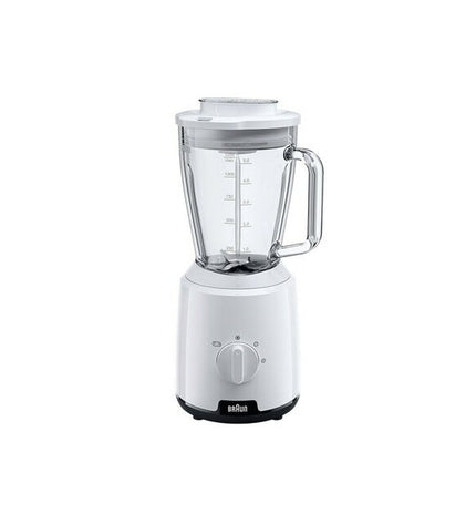Braun JB1050WH white 600W hand mixer with 1.25L mixing bowl, compact electric kitchen appliance for baking and cooking tasks.