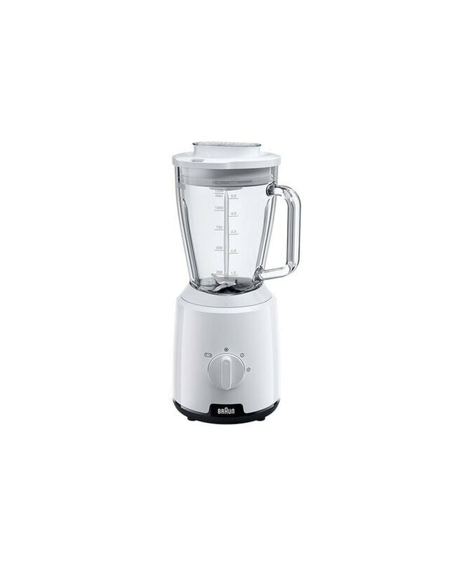 Braun JB1050WH white 600W hand mixer with 1.25L mixing bowl, compact electric kitchen appliance for baking and cooking tasks.