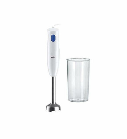 Braun MQ10.001MWH white handheld mixer with 450W motor, compact kitchen appliance for blending and mixing food ingredients.