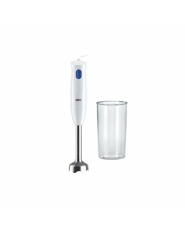 Braun MQ10.001MWH white handheld mixer with 450W motor, compact kitchen appliance for blending and mixing food ingredients.