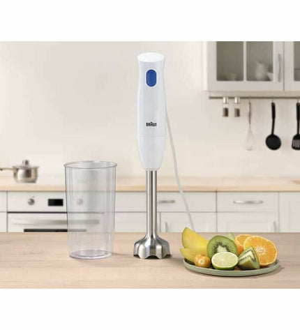 Braun MQ10.001MWH white handheld mixer with 450W power, featuring blending attachments and ergonomic handle.