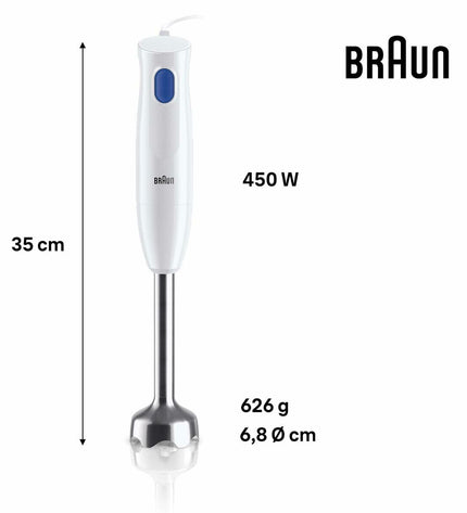 Braun MQ10.001MWH hand blender with 450W motor, white color, showing the sleek design and blending attachments.