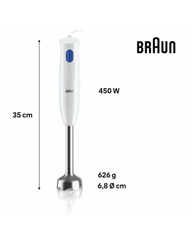 Braun MQ10.001MWH electric hand mixer with 450W power, showing the white handheld kitchen appliance in a close-up view.