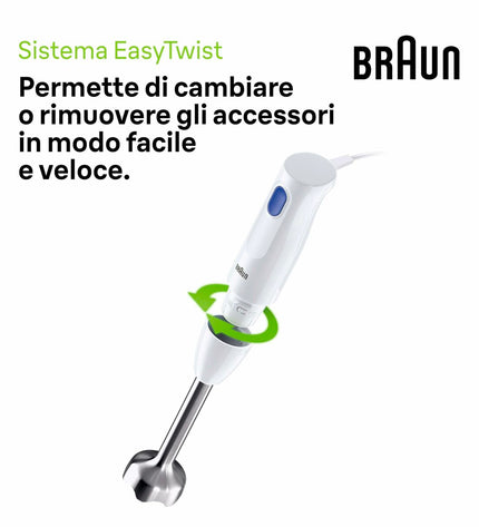 Braun MQ10.001MWH white handheld mixer with 450W motor, shown with attachments for home cooking and small electric appliance use.