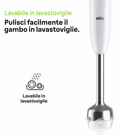 Braun MQ10.001MWH white hand blender with 450W motor for kitchen use, shown with blending attachment and control buttons.