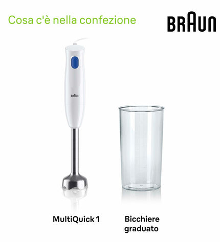 Braun MQ10.001MWH white hand blender with 450W motor, compact kitchen appliance for mixing and blending in the home kitchen.