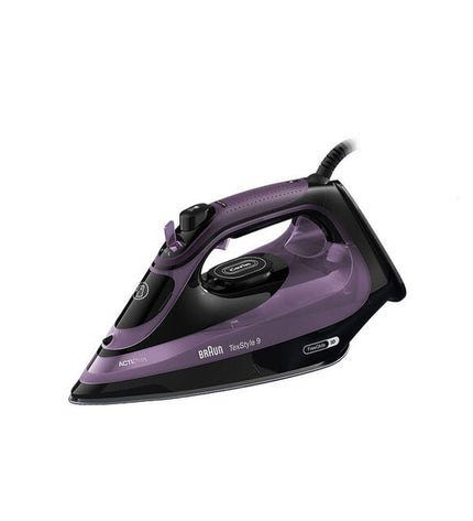 Braun SI9661VI steam iron with 3100W power, shown with soleplate and water tank for efficient home ironing.