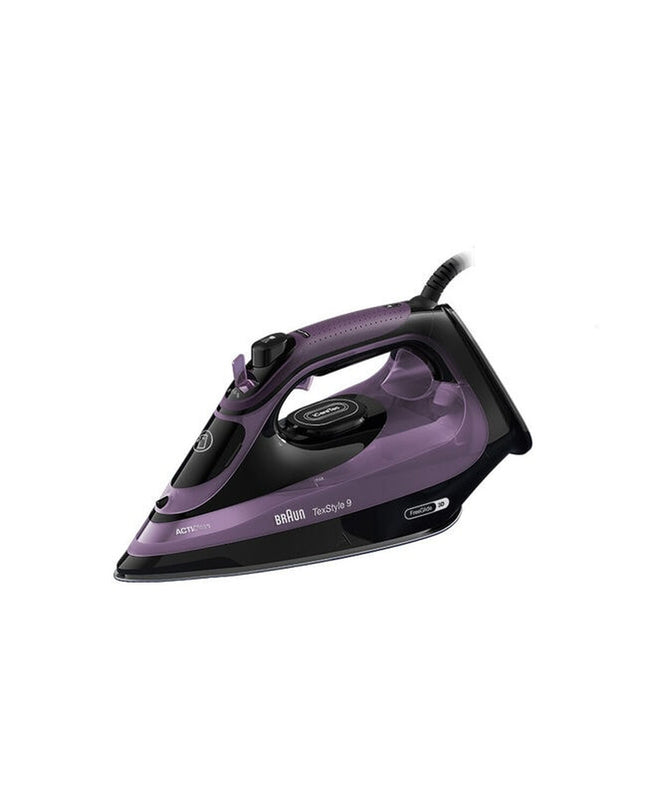 Braun SI9661VI steam iron with 3100W power, shown with soleplate and water tank for efficient home ironing.