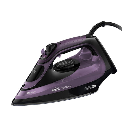 Braun SI9661VI steam iron with water tank and control dial, featuring a sleek design for home ironing.