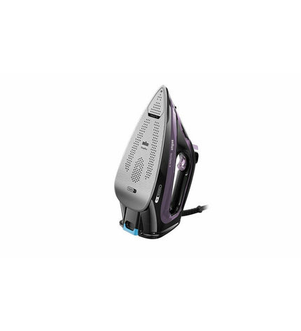 Braun SI9661VI steam iron with 3100W power and modern design, showing the iron's soleplate and water reservoir.