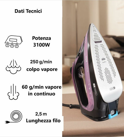 Braun SI9661VI steam iron with 3100W power, upright steamer, and adjustable settings, designed for efficient clothing ironing.