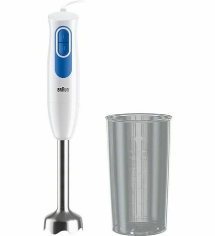 Braun 600W blue hand blender with ergonomic handle, blending attachment, and control buttons, ideal for kitchen use.