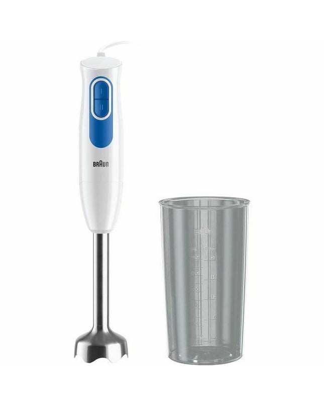 Braun 600W blue hand blender with ergonomic handle, blending attachment, and control buttons, ideal for kitchen use.