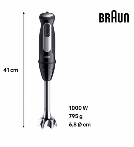 Braun 0X22111502 hand blender in black with 1000W power, small kitchen electric appliance, close-up of the blender in black finish.
