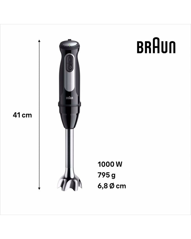 Braun 0X22111502 hand blender in black with 1000W power, small kitchen electric appliance, close-up of the blender in black finish.