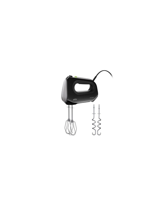 Braun HM2110BK black 500W blender and dough mixer with control dial and blending attachments on a kitchen countertop.