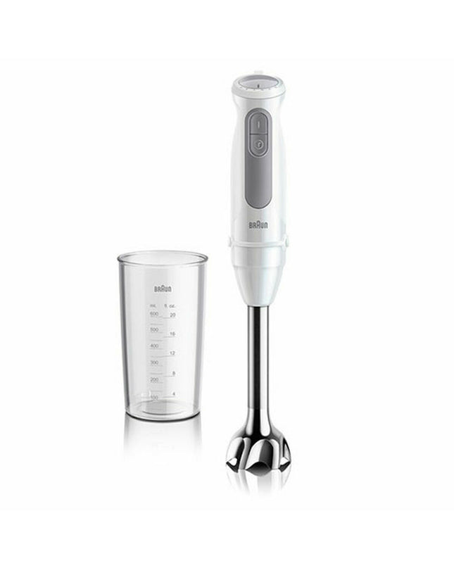 Braun MultiQuick 5 MQ 50001 M hand blender with 1000W, white body, featuring a blending stick and control buttons.
