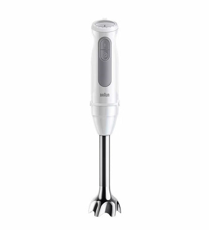 Braun MultiQuick 5 MQ 50001 M hand blender with 1000W power, white color, and detachable blending shaft for cooking and kitchen tasks.